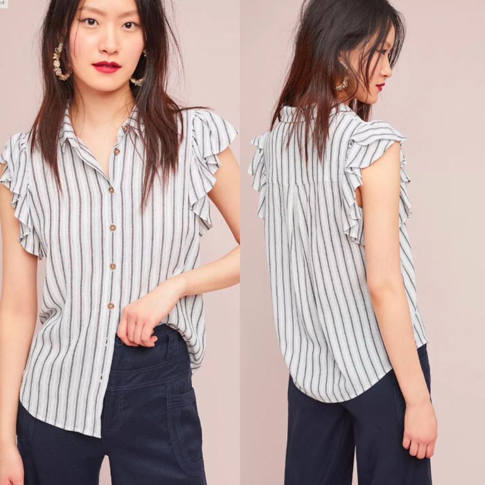 Anthropologie Maeve Fairhope Stripe Flutter Sleeve Button Down Top